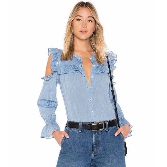 Joie Tops - Joie Akari Ruffle Chambray Cold Shoulder Button Up Blouse Western Womens S Boho